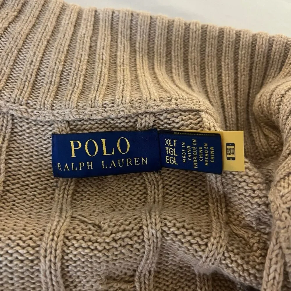 Polo Ralph Lauren Men’s Cable Knit Cotton Quarter Zip Sweater Camel Melange XLT